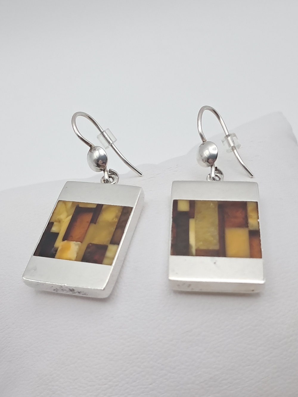 Sterling Silver Baltic Amber Inlay Rectangle Drop Earrings Warm Yellow Shades